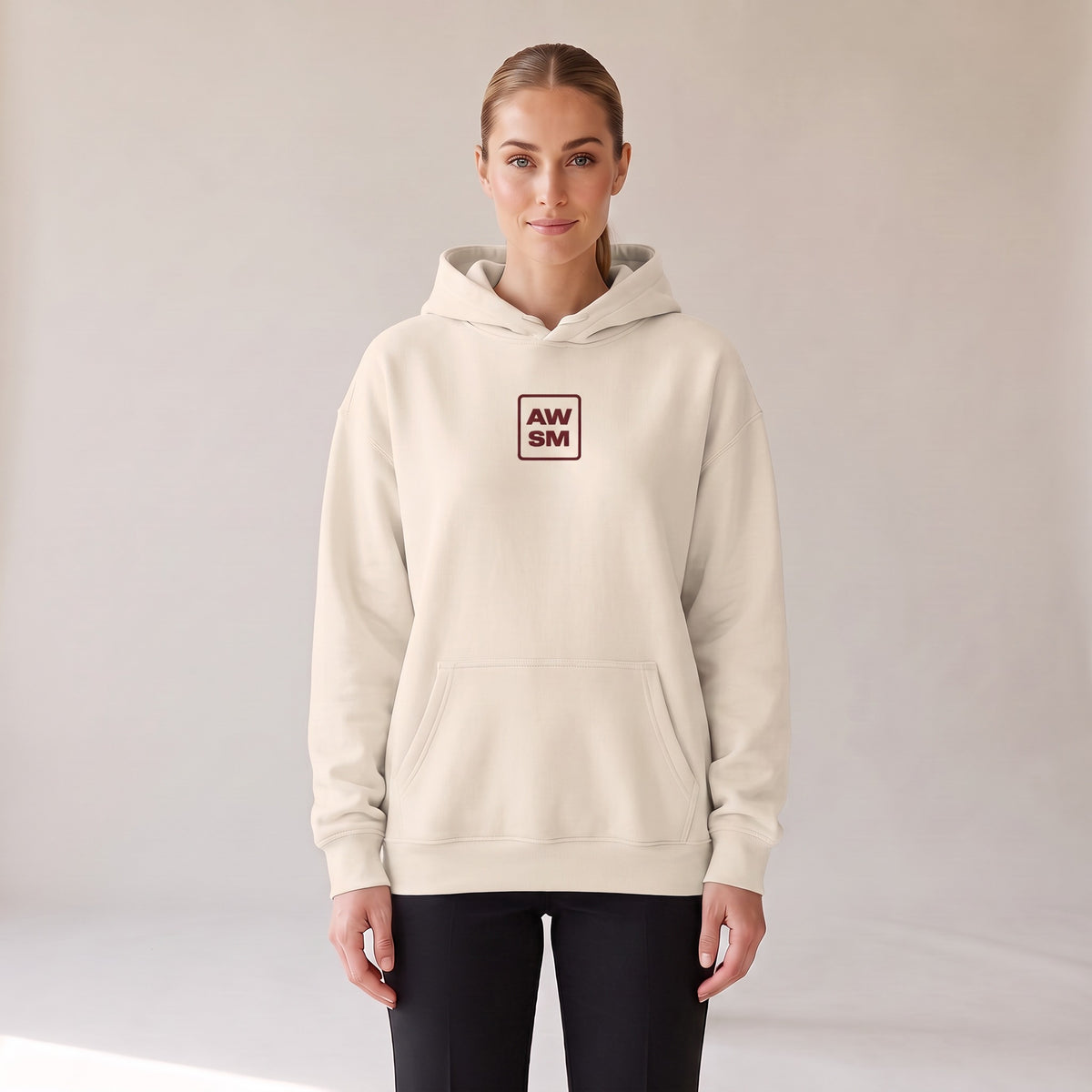 Bordeaux Relaxed Hoodie — AWSM Atelier in Bone White, front view on the AWSM house model
