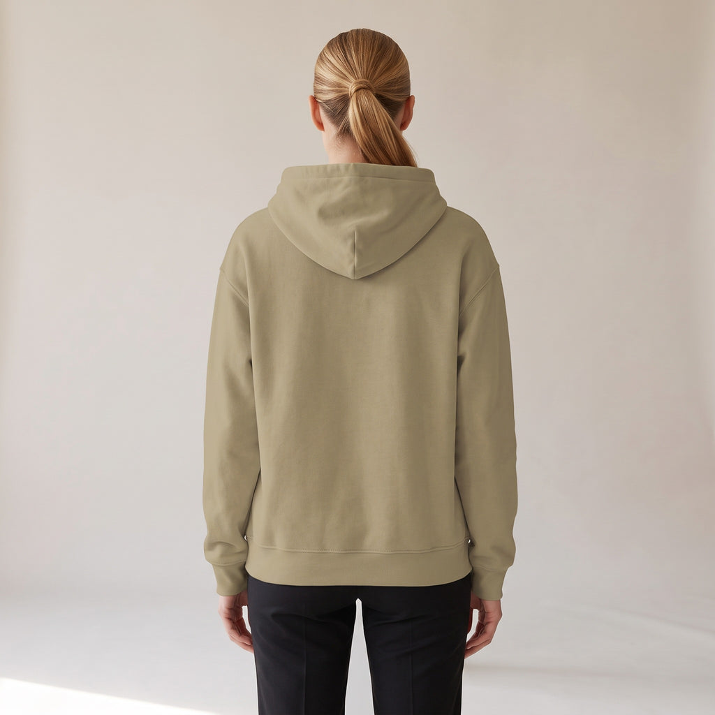 Bordeaux Relaxed Hoodie — AWSM Atelier in Dune Sand, back view on the AWSM house model