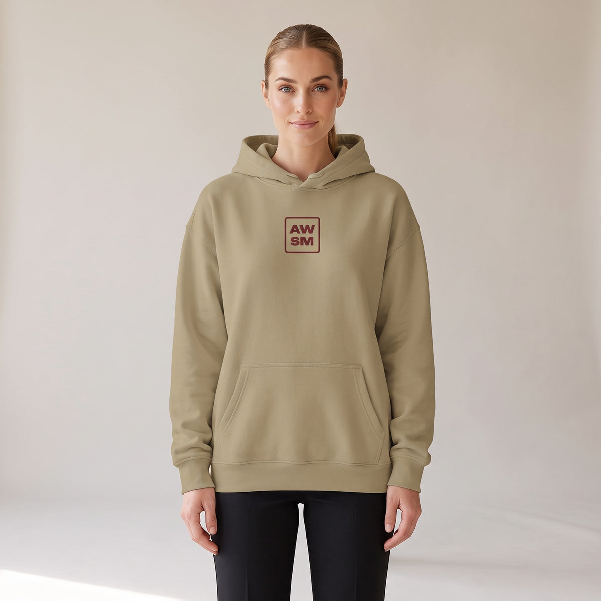 Bordeaux Relaxed Hoodie — AWSM Atelier in Dune Sand, shown on the AWSM house model