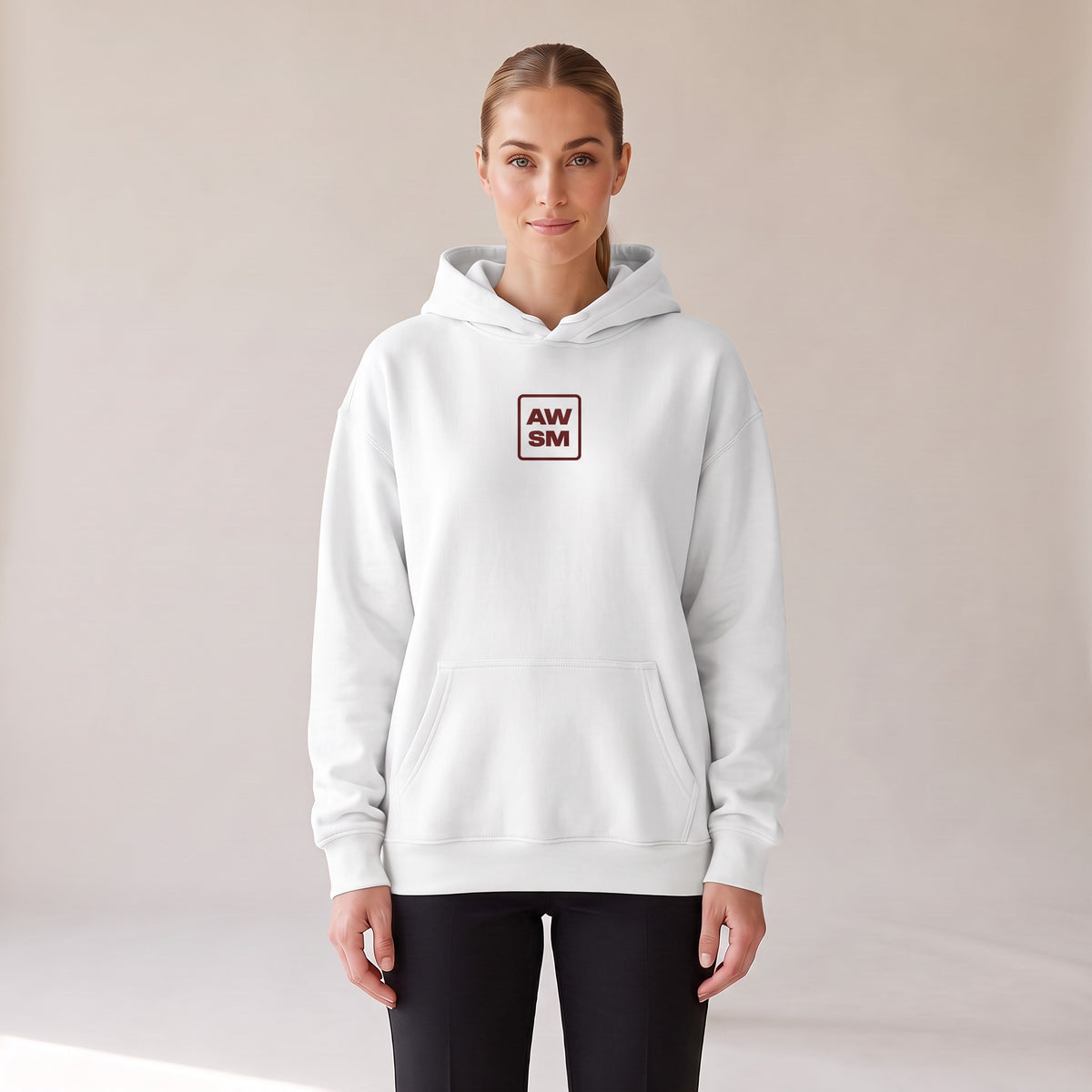 Bordeaux Relaxed Hoodie — AWSM Atelier in Pearl White, front view on the AWSM house model