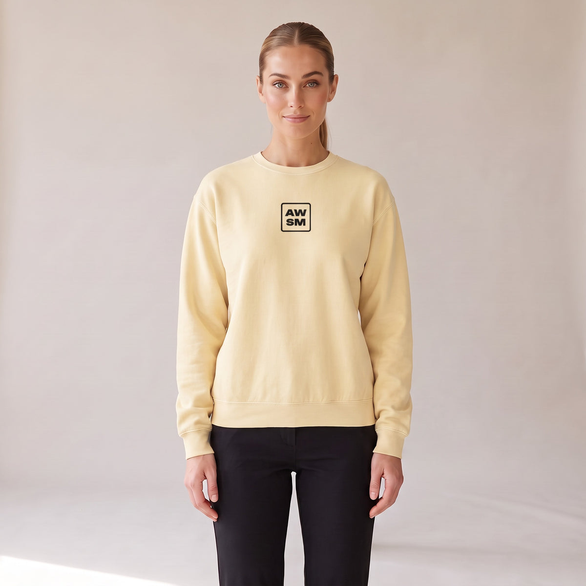 Brioche Crewneck — AWSM Atelier in Antique Ivory, front view on the AWSM house model