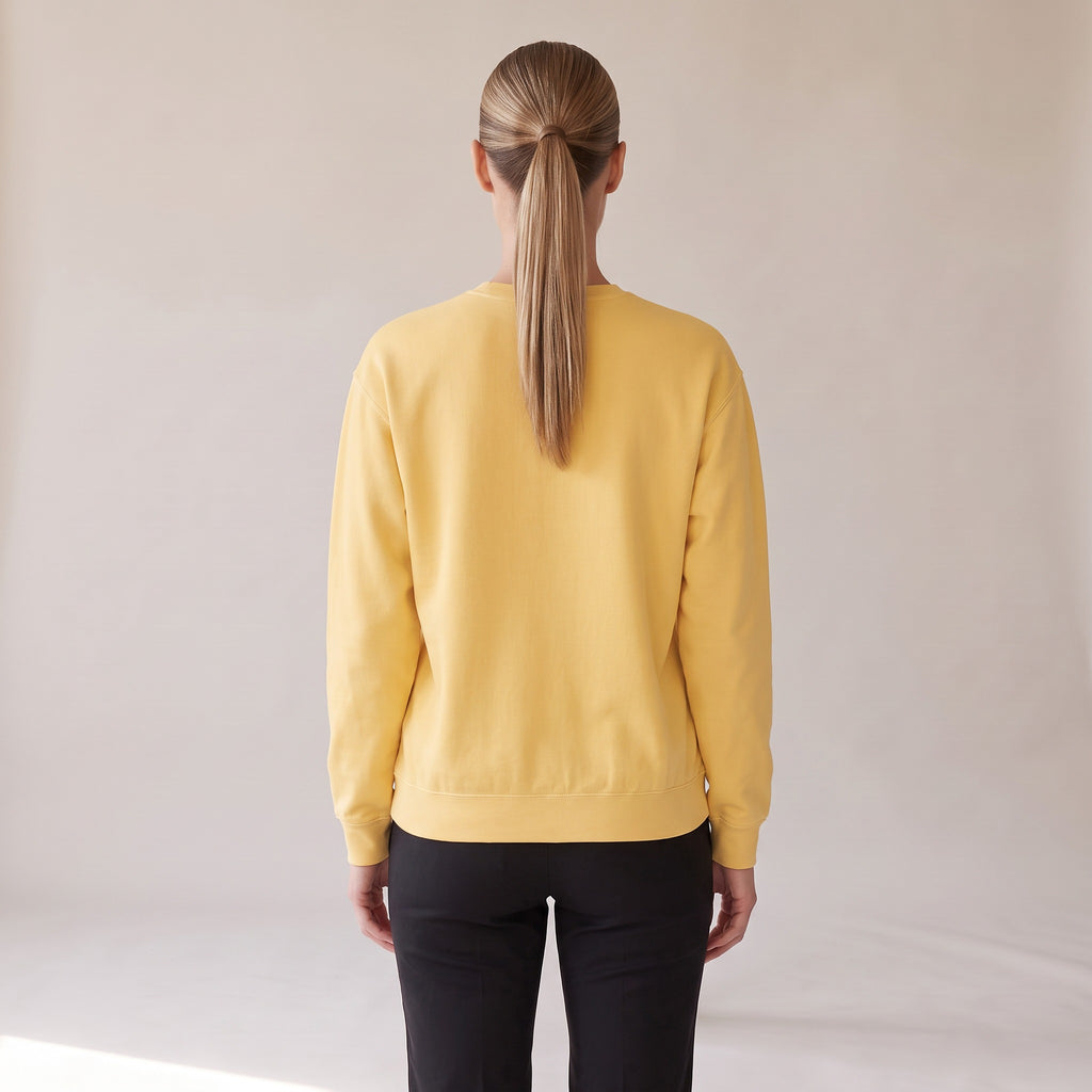 Brioche Crewneck — AWSM Atelier in Butter Cream, back view on the AWSM house model