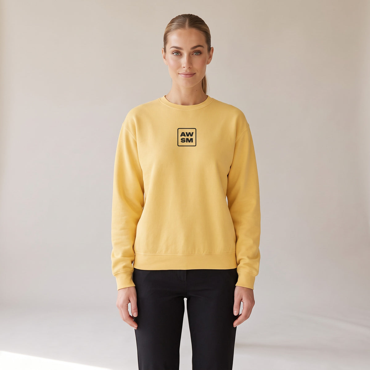 Brioche Crewneck — AWSM Atelier in Butter Cream, shown on the AWSM house model