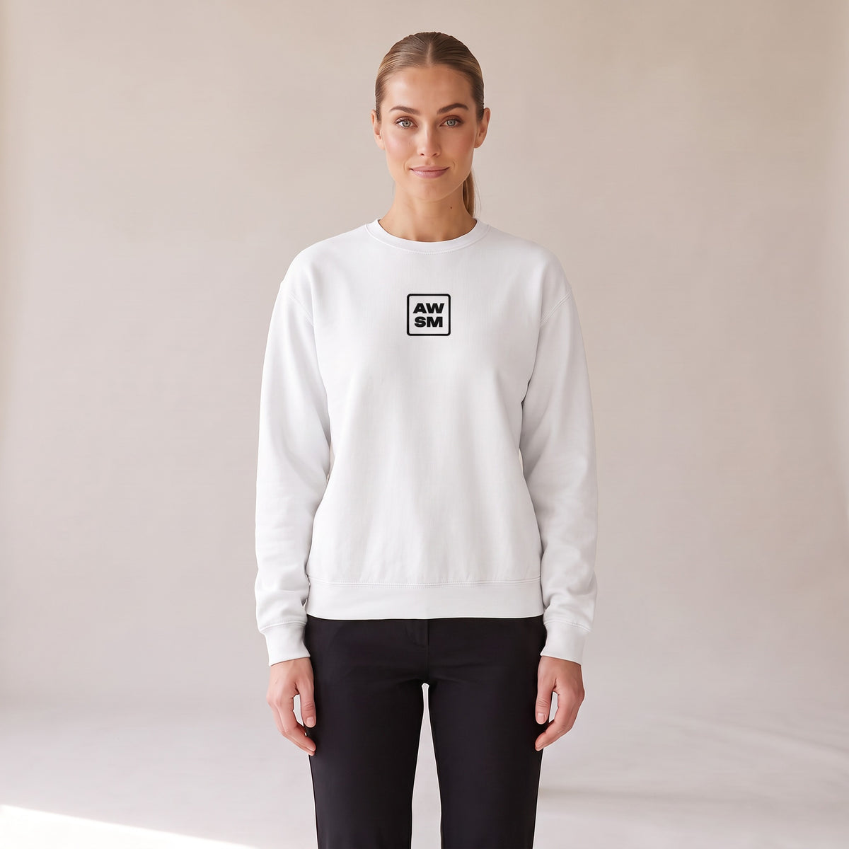 Brioche Crewneck — AWSM Atelier in Pearl White, front view on the AWSM house model