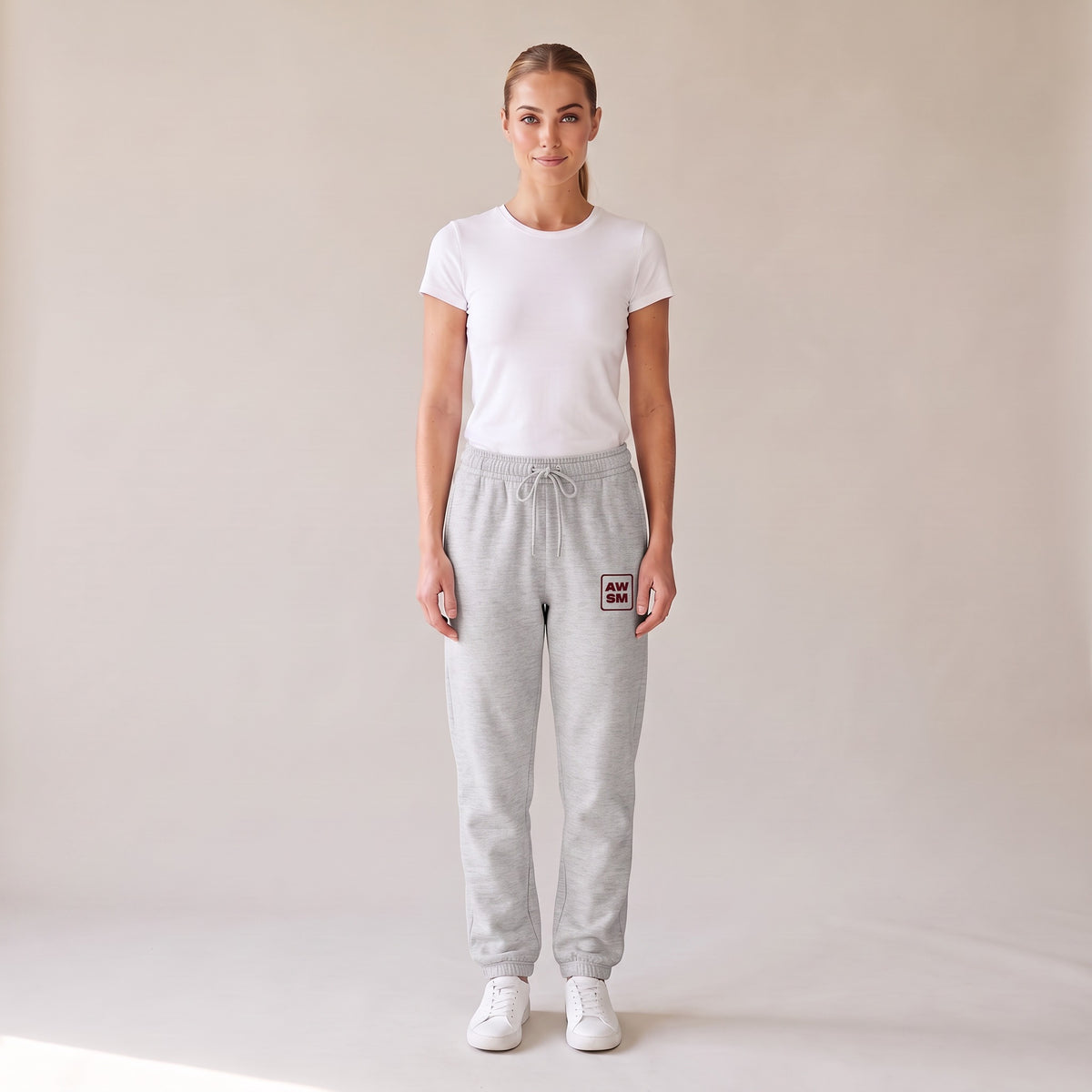 Cabernet Heavyweight Sweatpants — AWSM Atelier in Vintage Heather Grey, front view on the AWSM house model
