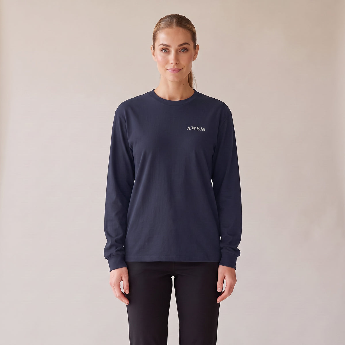 Crépuscule Long Sleeve Tee — AWSM Maison in Midnight Blue, front view on the AWSM house model