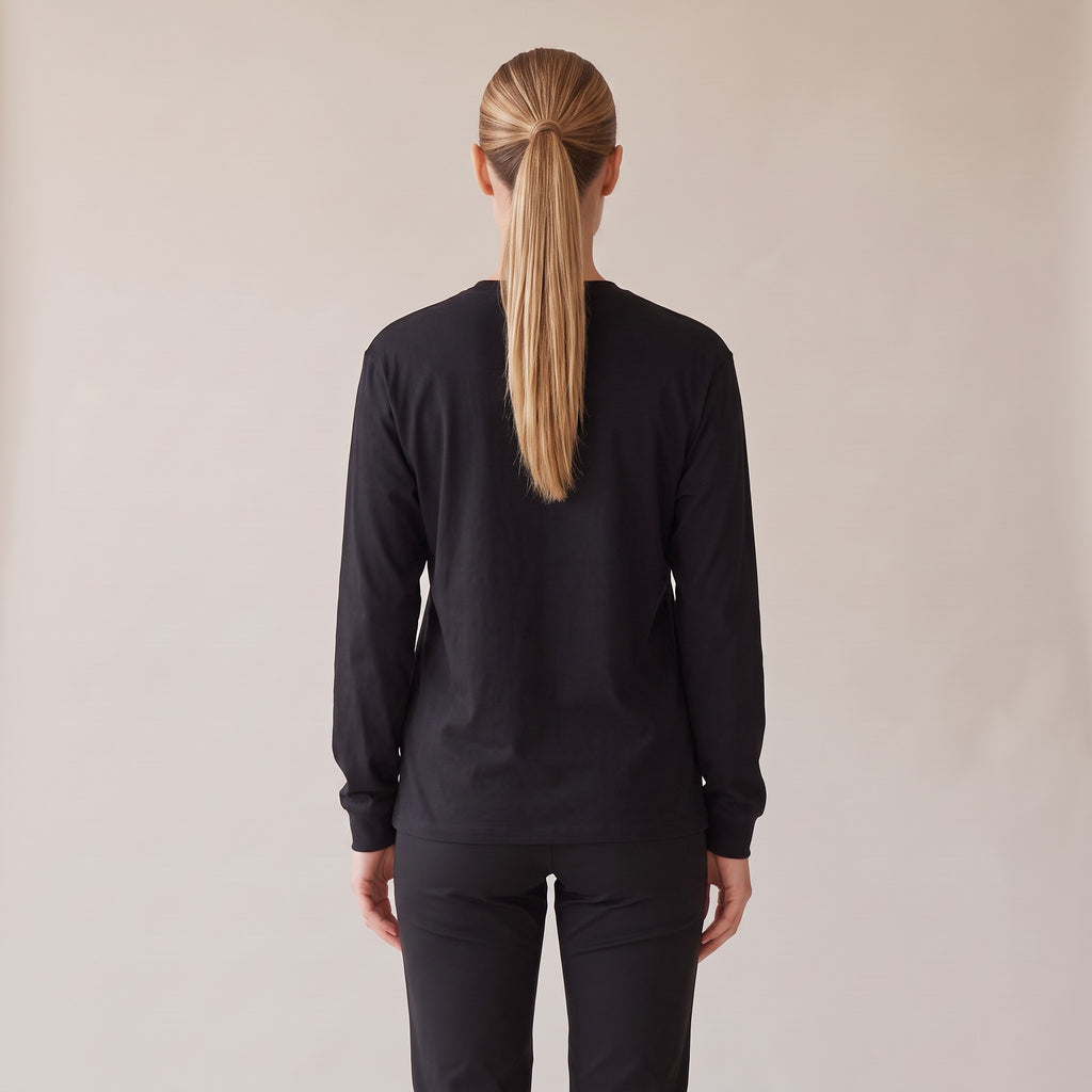 Crépuscule Long Sleeve Tee — AWSM Maison in Onyx Black, back view on the AWSM house model
