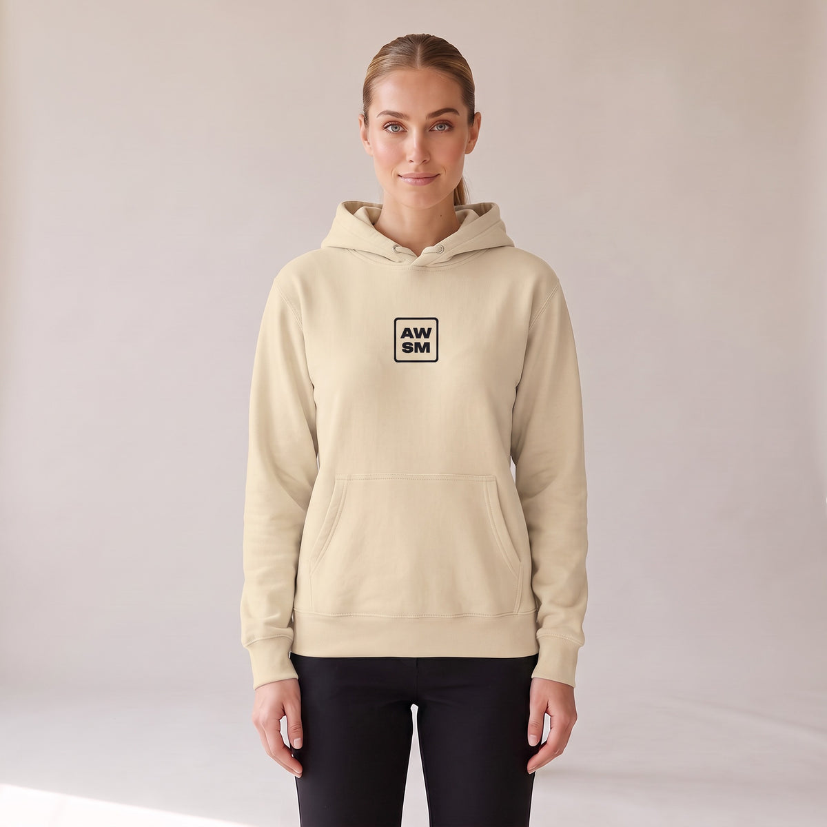 Galerie Hoodie — AWSM Atelier in Bone White, front view on the AWSM house model