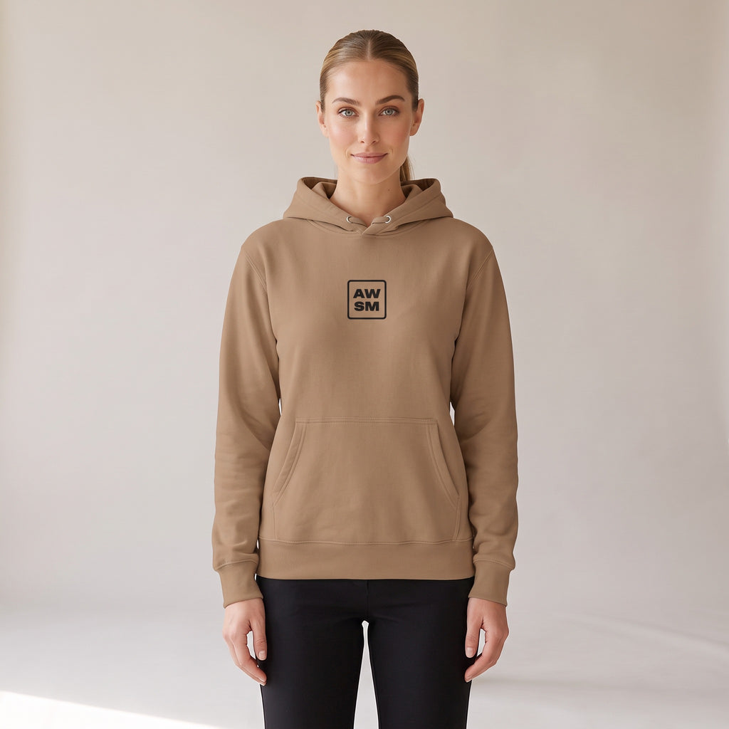 Galerie Hoodie — AWSM Atelier in Café Latte, shown on the AWSM house model