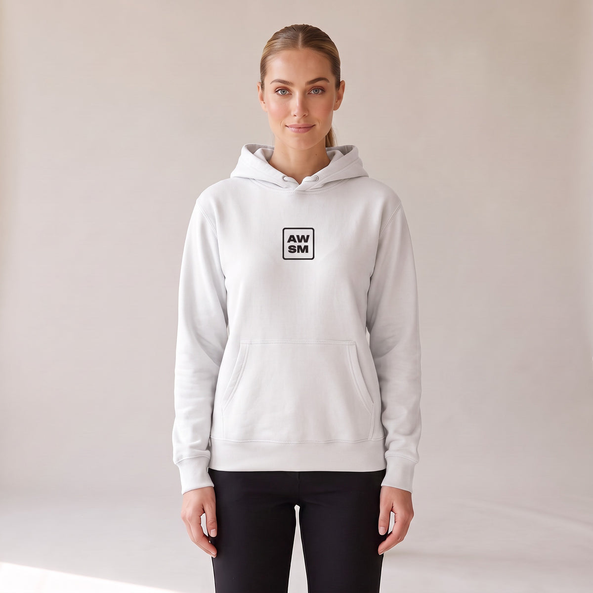 Galerie Hoodie — AWSM Atelier in Pearl White, front view on the AWSM house model