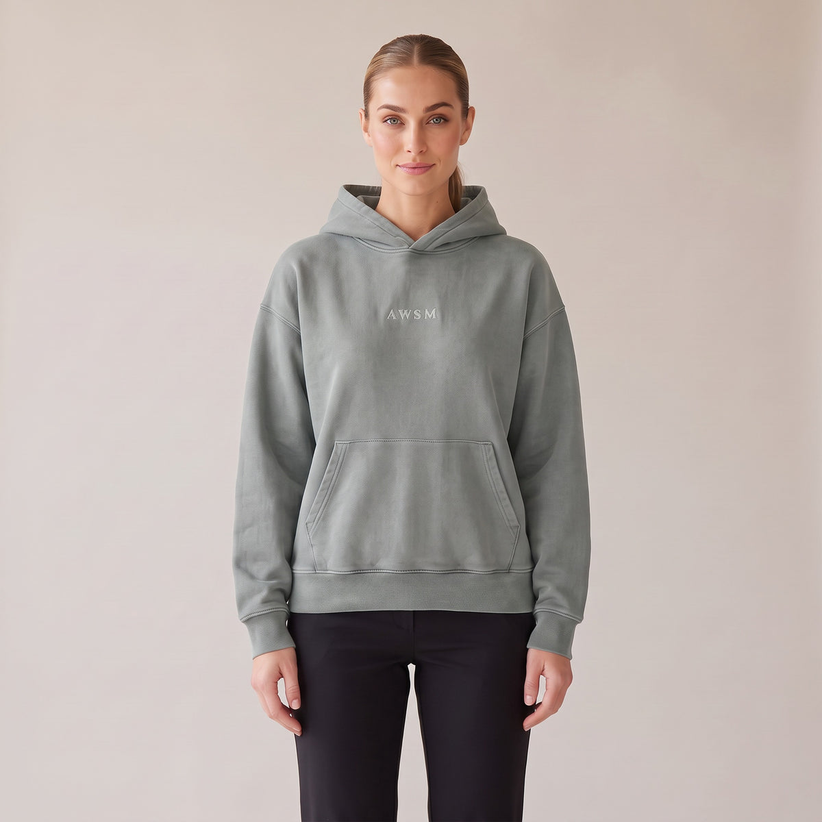 Héritage Vintage Hoodie — AWSM Maison in Morning Mist Grey, front view on the AWSM house model