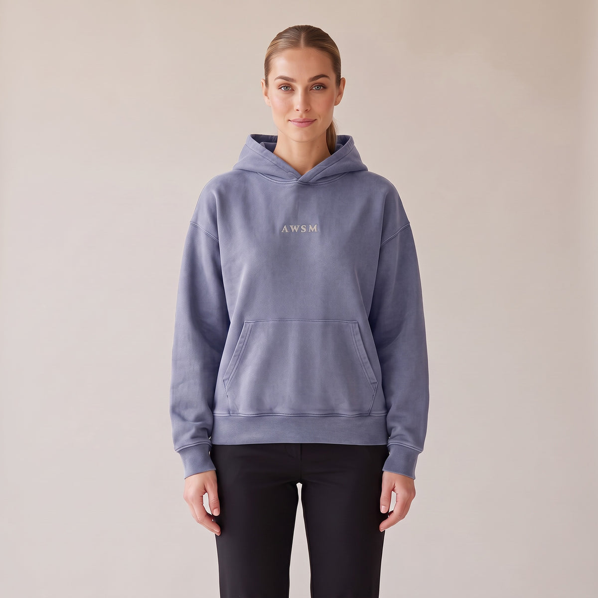 Héritage Vintage Hoodie — AWSM Maison in Storm Blue, front view on the AWSM house model