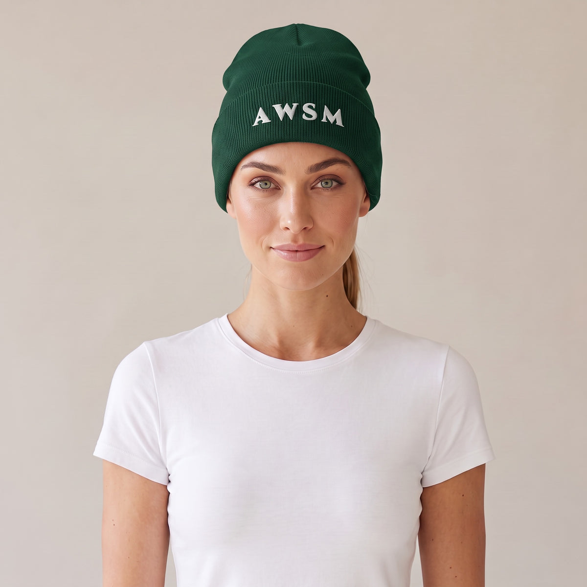 Hiver Cuffed Beanie — AWSM Maison in Alpine Spruce, front view on the AWSM house model