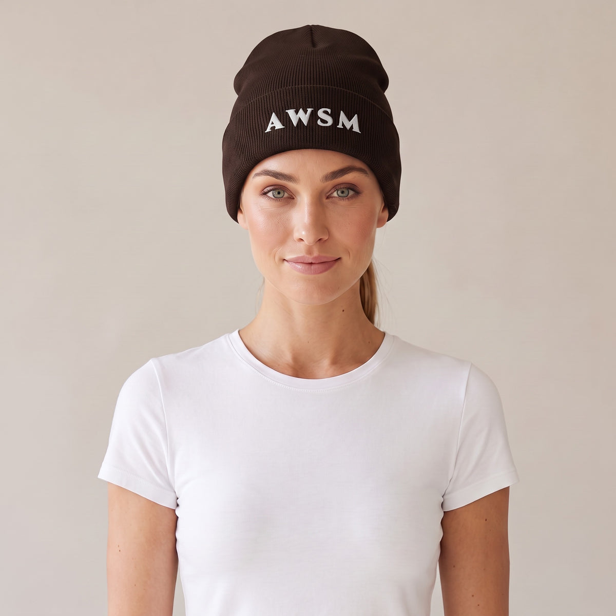 Hiver Cuffed Beanie — AWSM Maison in Chestnut Brown, front view on the AWSM house model