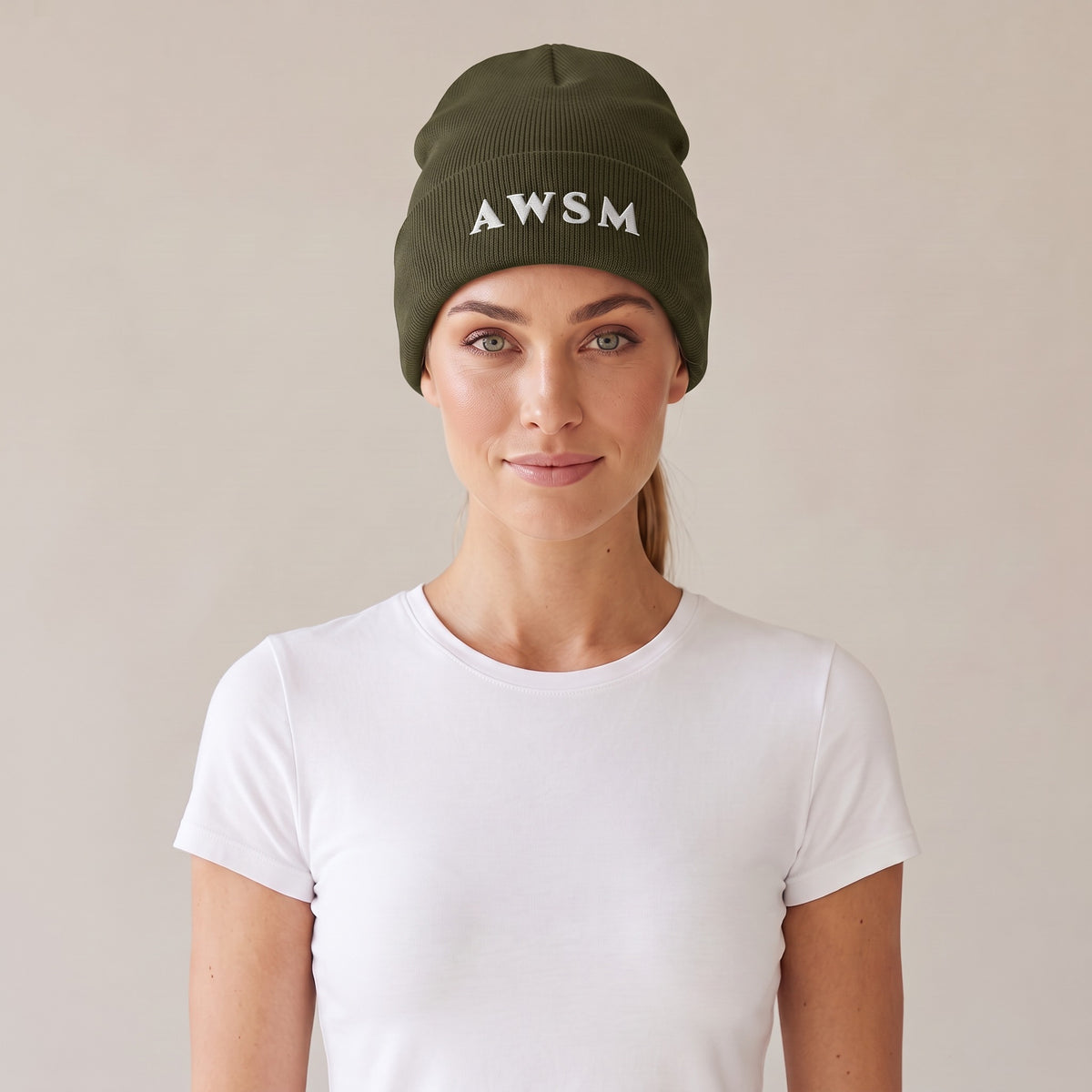 Hiver Cuffed Beanie — AWSM Maison in Olive Grove, front view on the AWSM house model