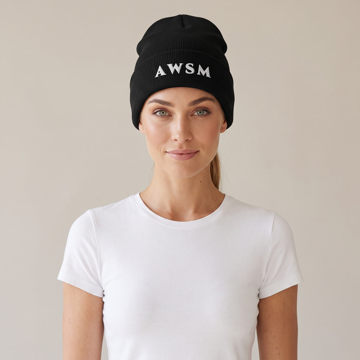 Hiver Cuffed Beanie — AWSM Maison in Onyx Black, shown on the AWSM house model
