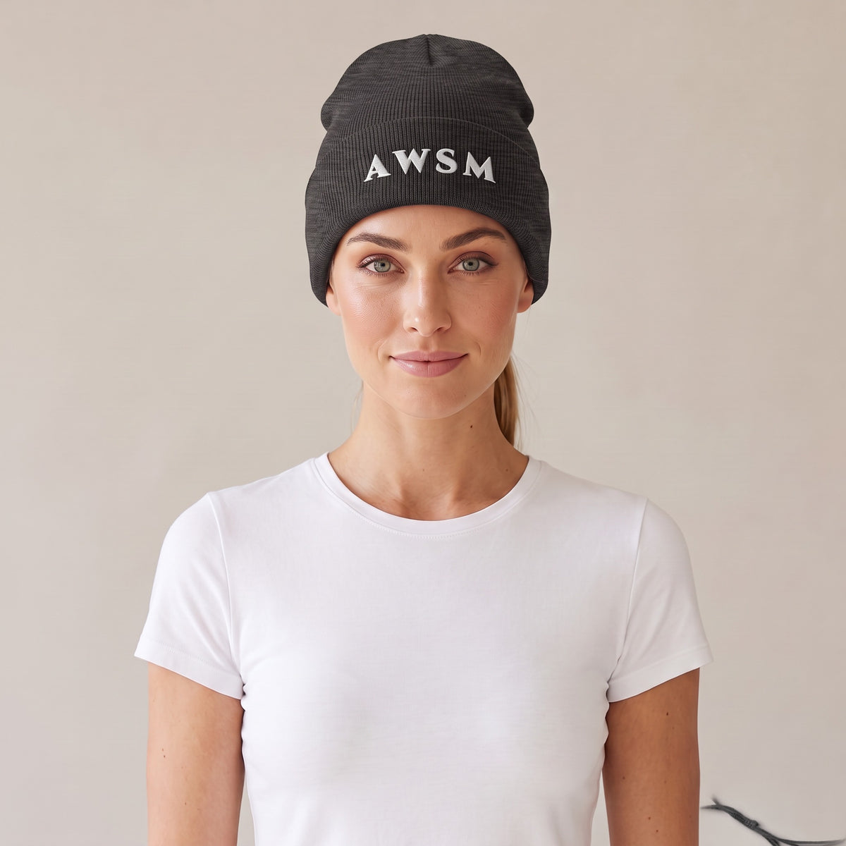 Hiver Cuffed Beanie — AWSM Maison in Slate Grey, front view on the AWSM house model