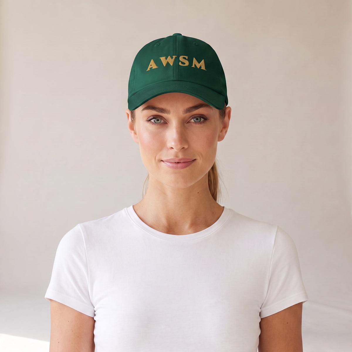 Laurel Dad Hat — AWSM Aurum in Alpine Spruce, front view on the AWSM house model