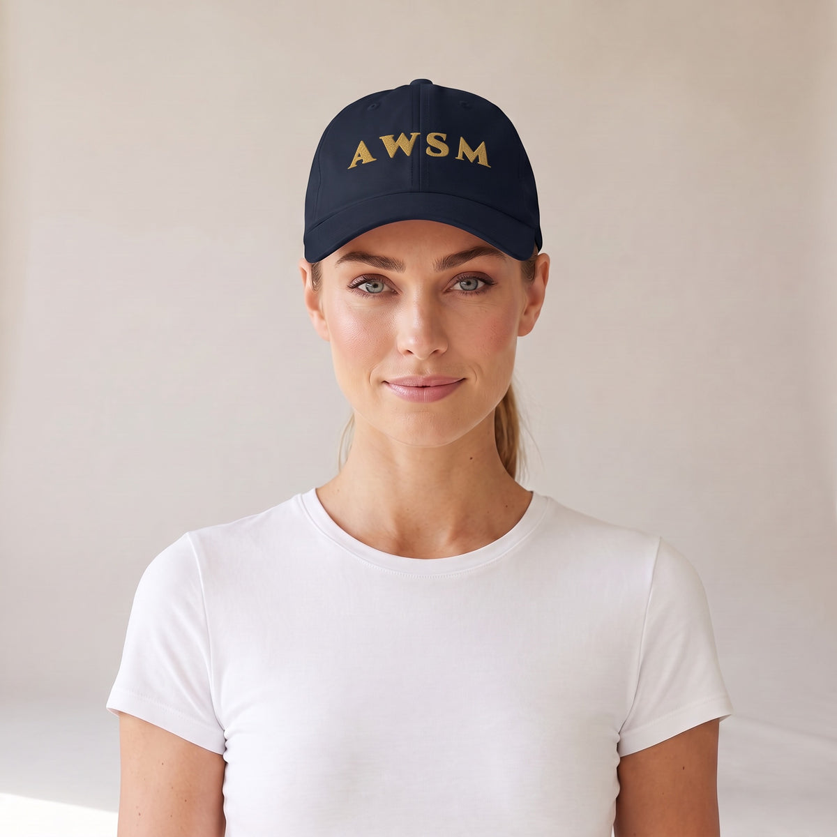 Laurel Dad Hat — AWSM Aurum in Midnight Navy, front view on the AWSM house model