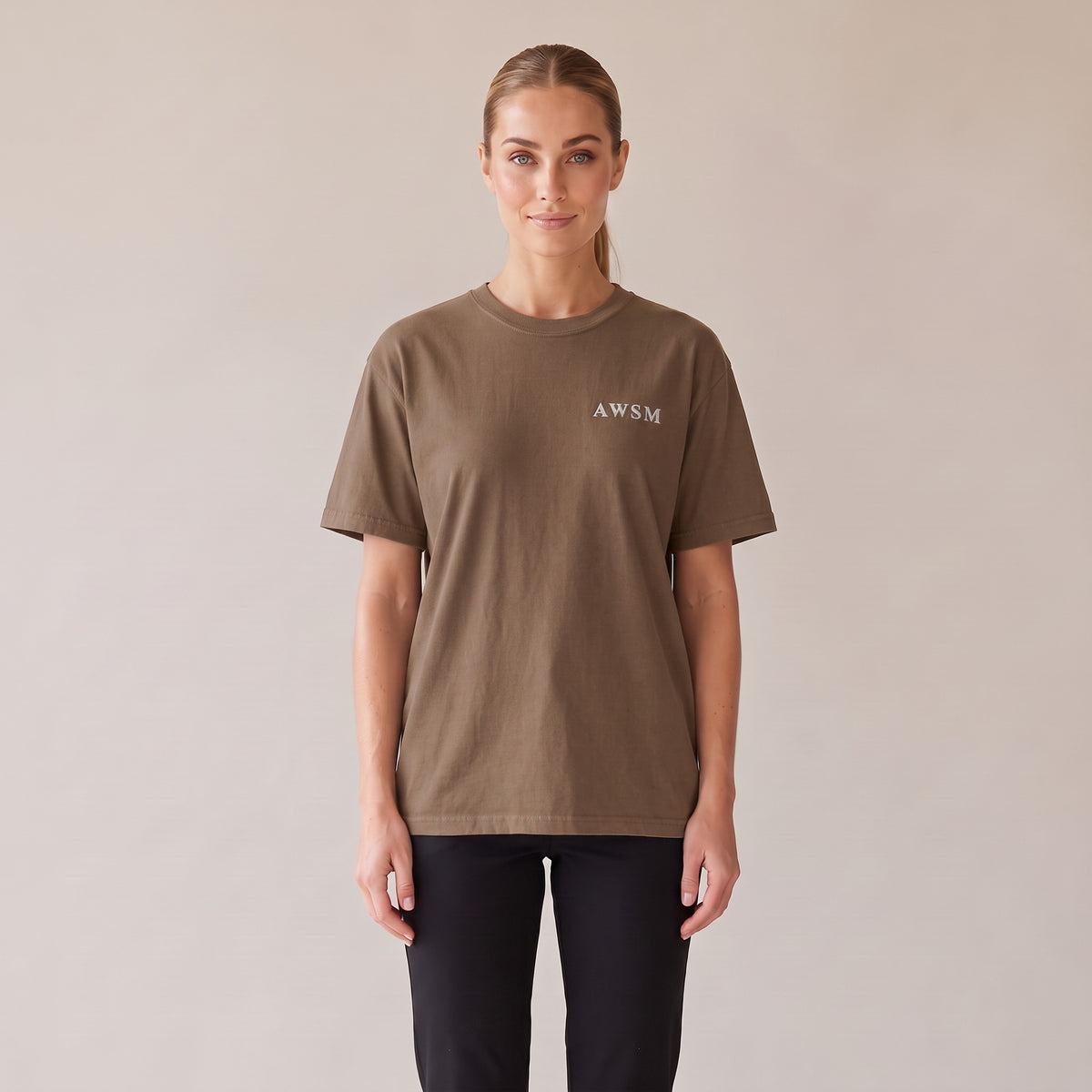 Nocturne Heavyweight Tee — AWSM Maison in Espresso Brown, front view on the AWSM house model