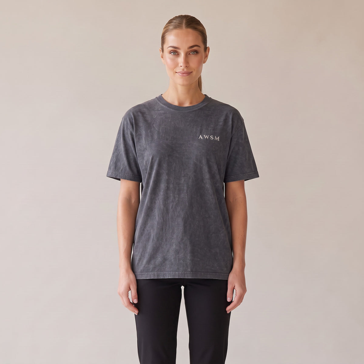 Nocturne Heavyweight Tee — AWSM Maison in Midnight Navy, front view on the AWSM house model