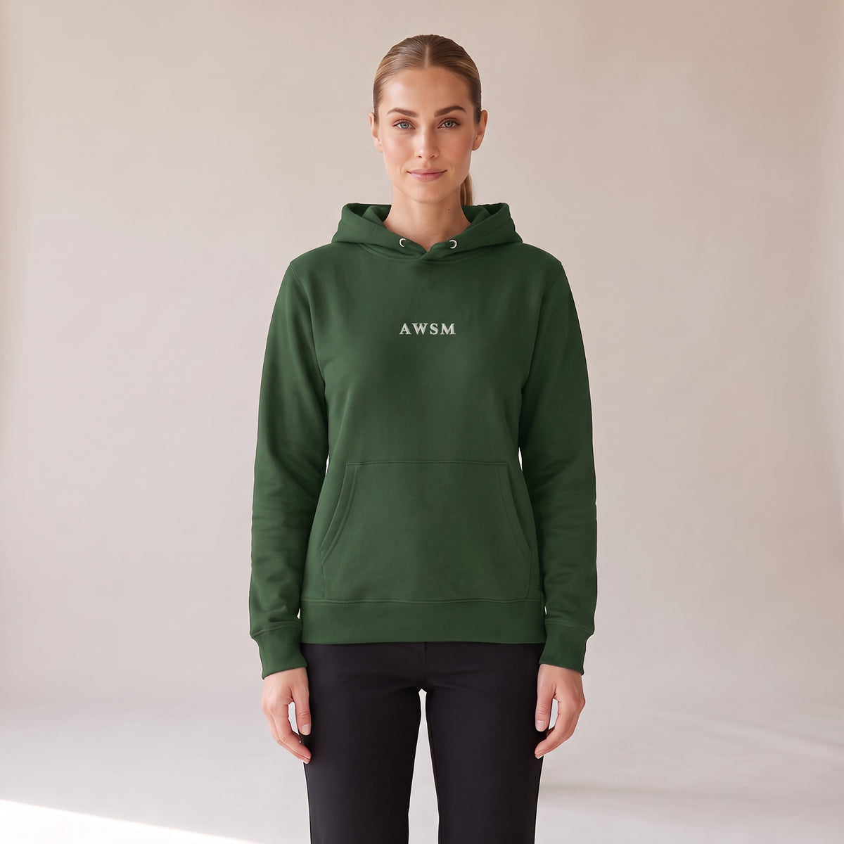 Opéra Hoodie — AWSM Maison in Black Forest Green, front view on the AWSM house model