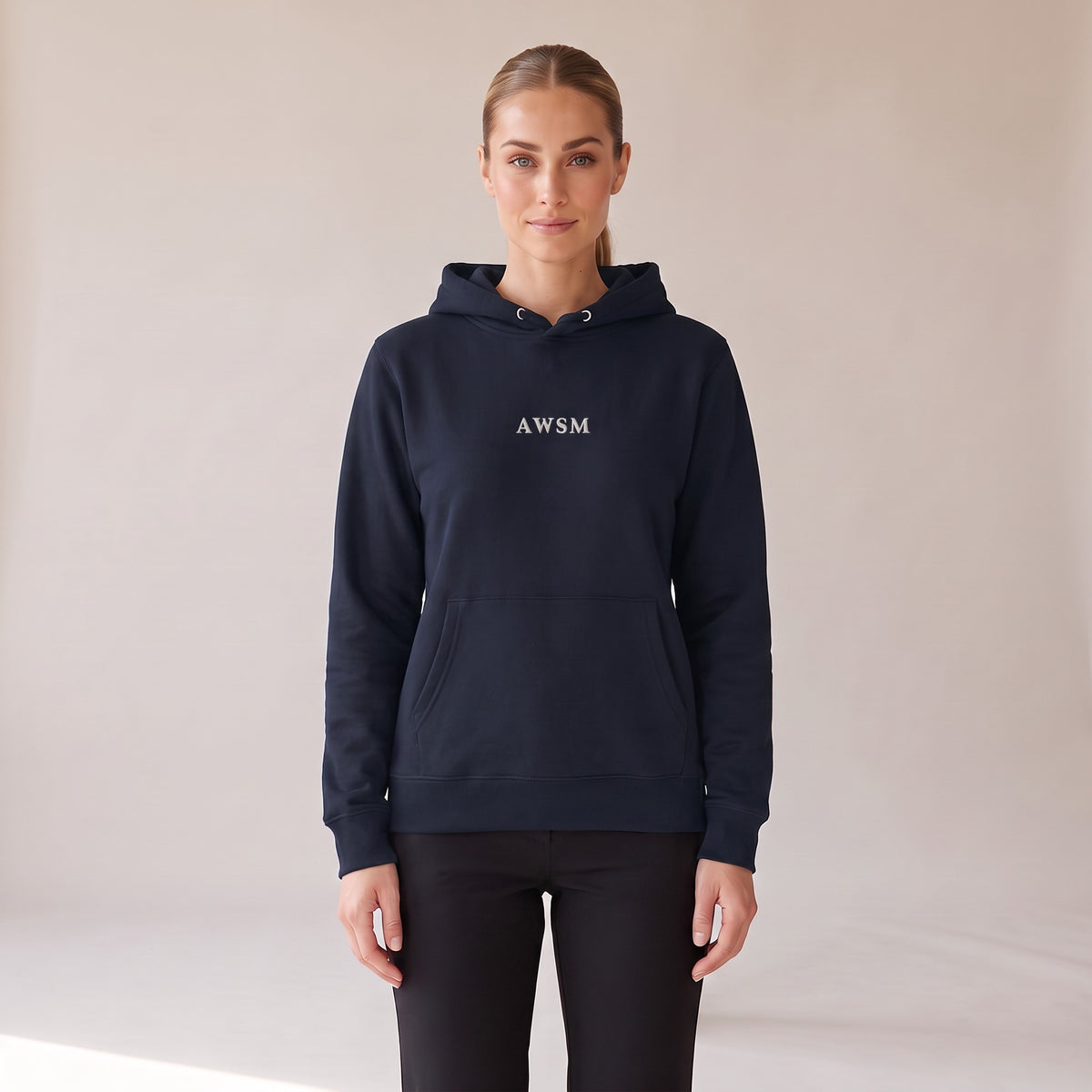 Opéra Hoodie — AWSM Maison in Midnight Navy, front view on the AWSM house model
