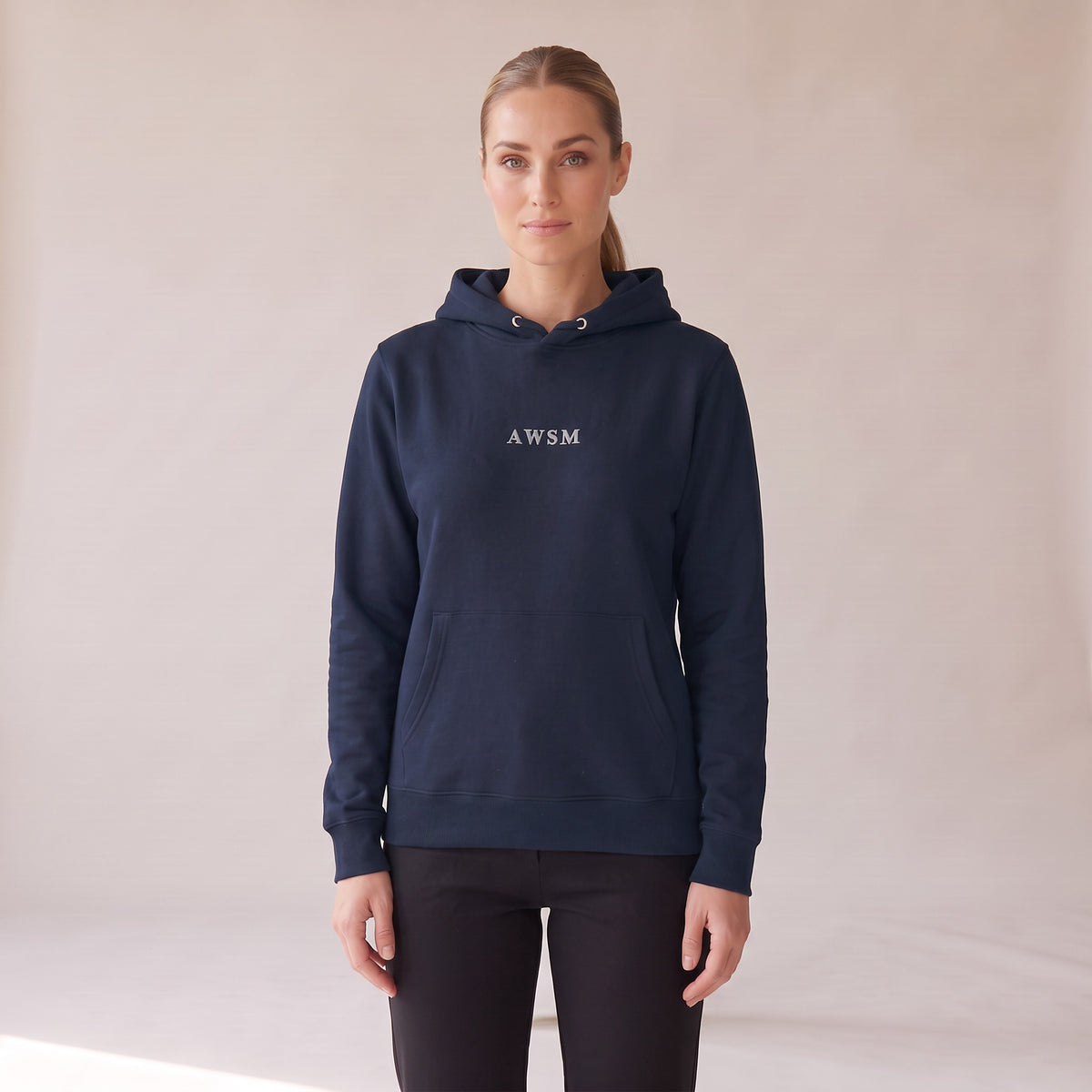 Opéra Hoodie — AWSM Maison in Midnight Navy, three-quarter view on the AWSM house model