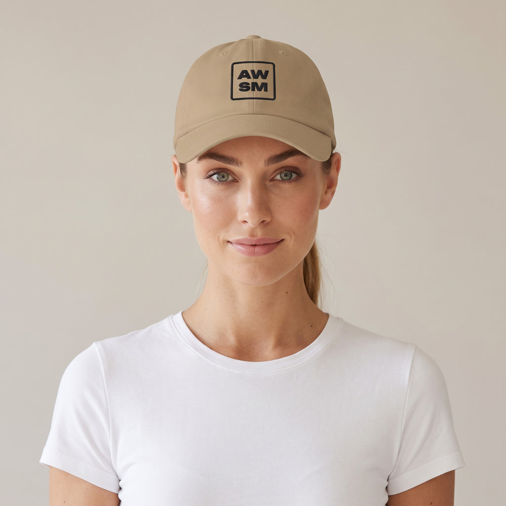 Plâtre Dad Hat — AWSM Atelier in Sahara Khaki, shown on the AWSM house model
