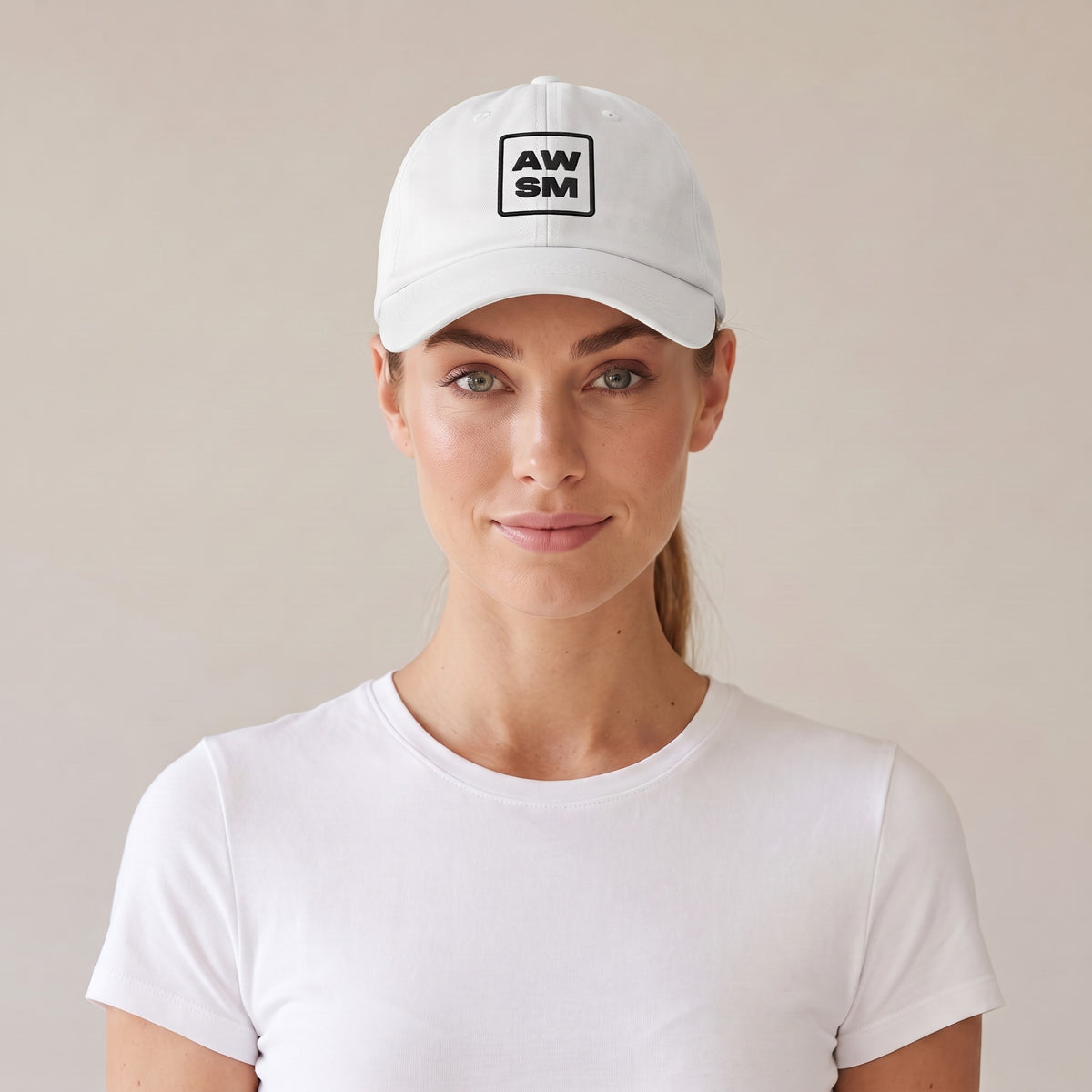 Plâtre Dad Hat — AWSM Atelier in Pearl White, front view on the AWSM house model