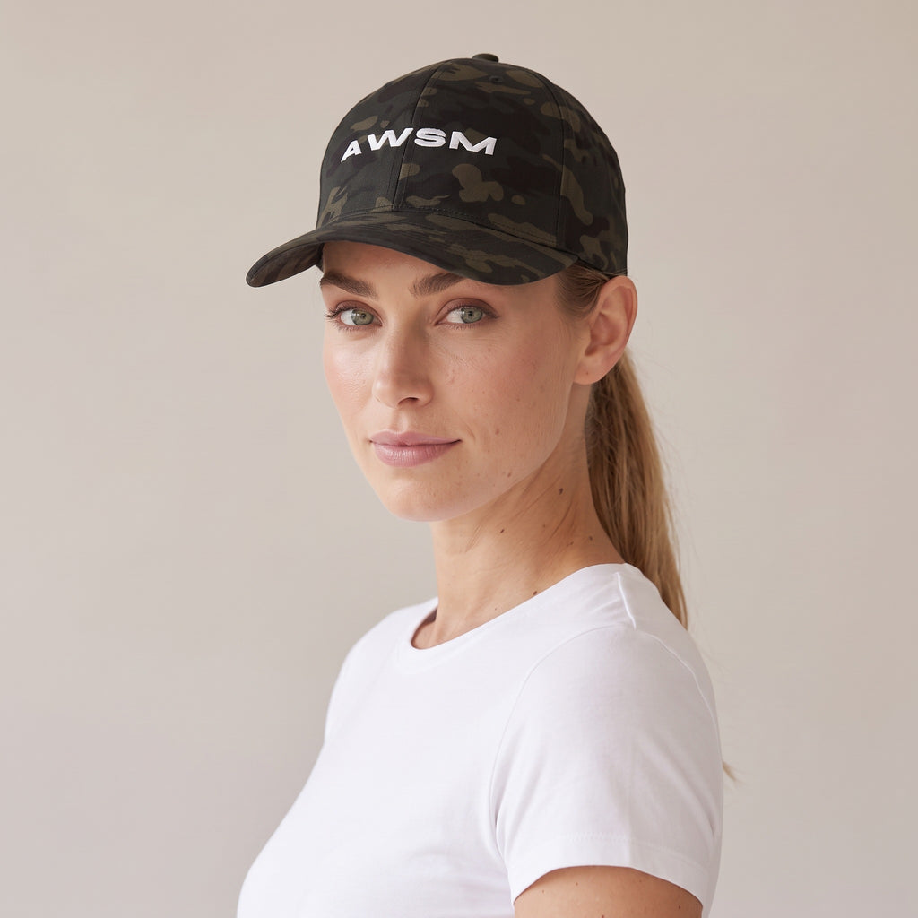 Recon Structured Cap — AWSM Field in Multicam Black, three-quarter view on the AWSM house model
