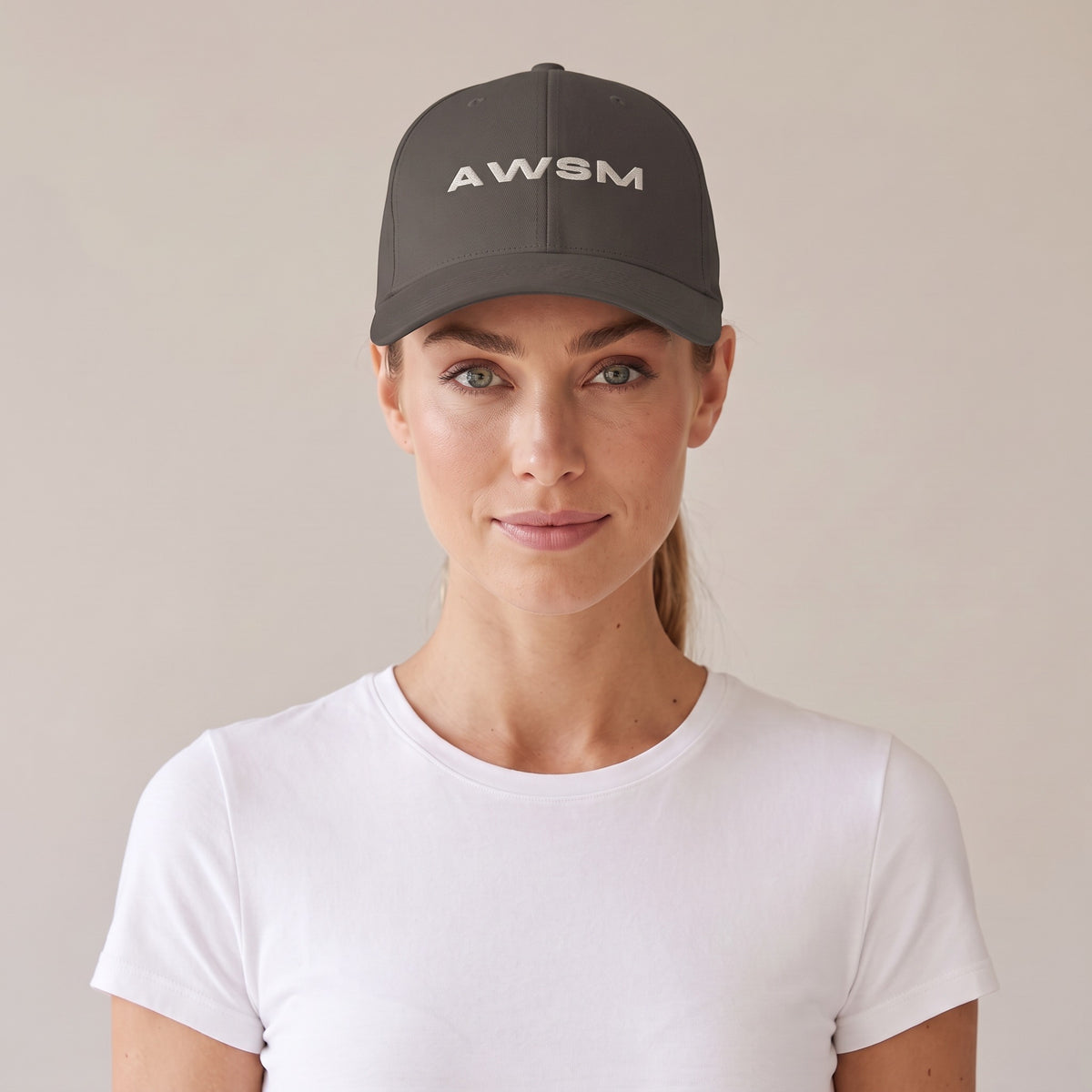 Recon Structured Cap — AWSM Field in Slate Grey, front view on the AWSM house model