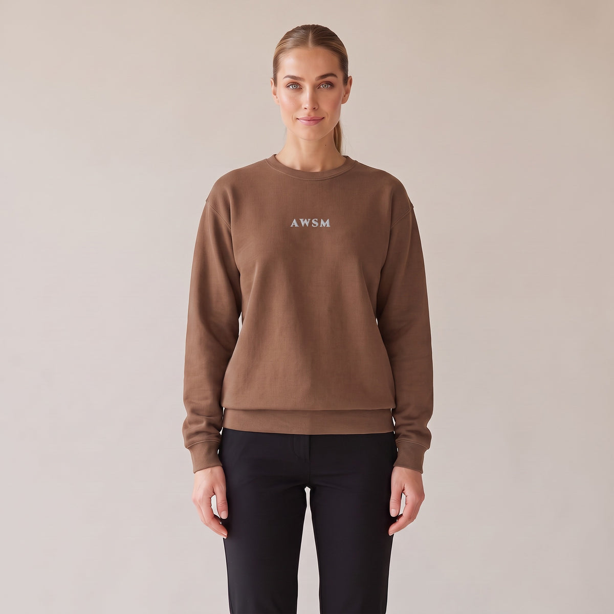 Salon Crewneck — AWSM Maison in Espresso Brown, front view on the AWSM house model