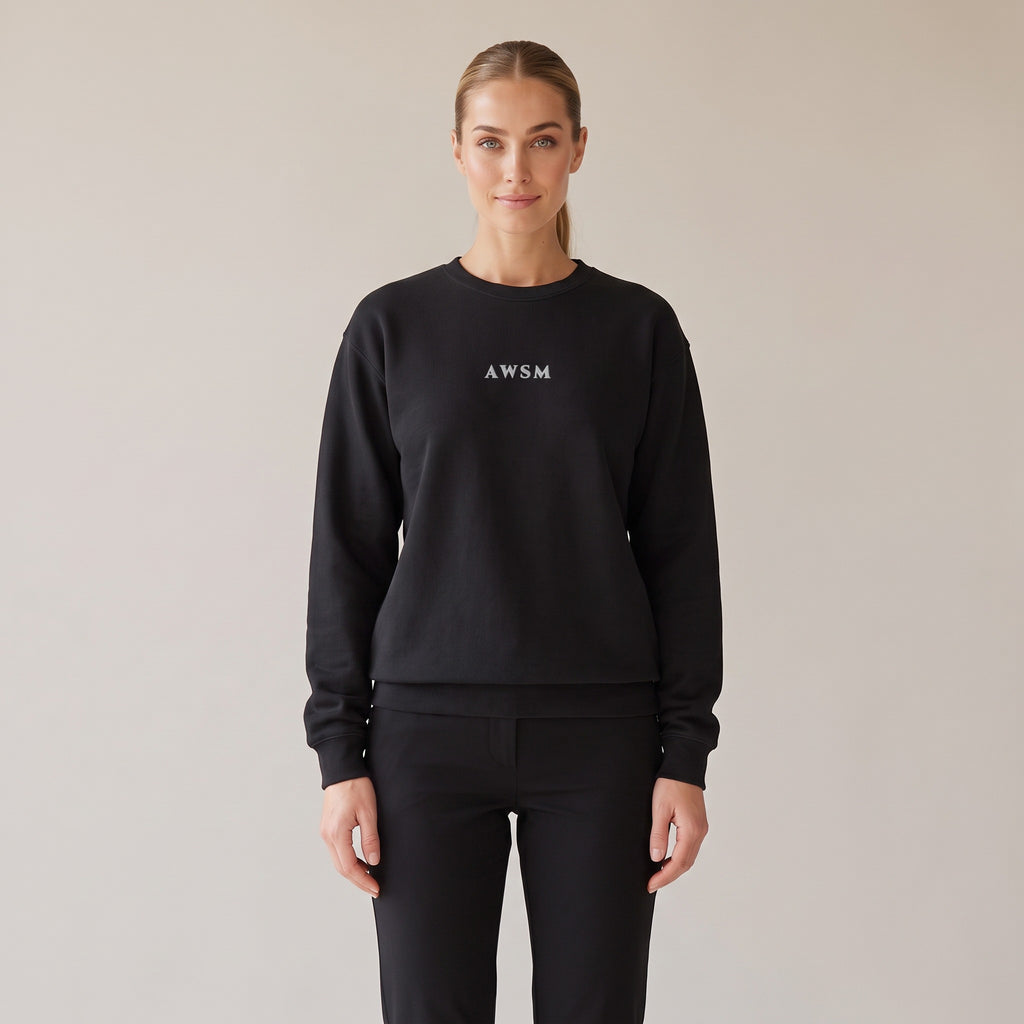 Salon Crewneck — AWSM Maison in Onyx Black, shown on the AWSM house model