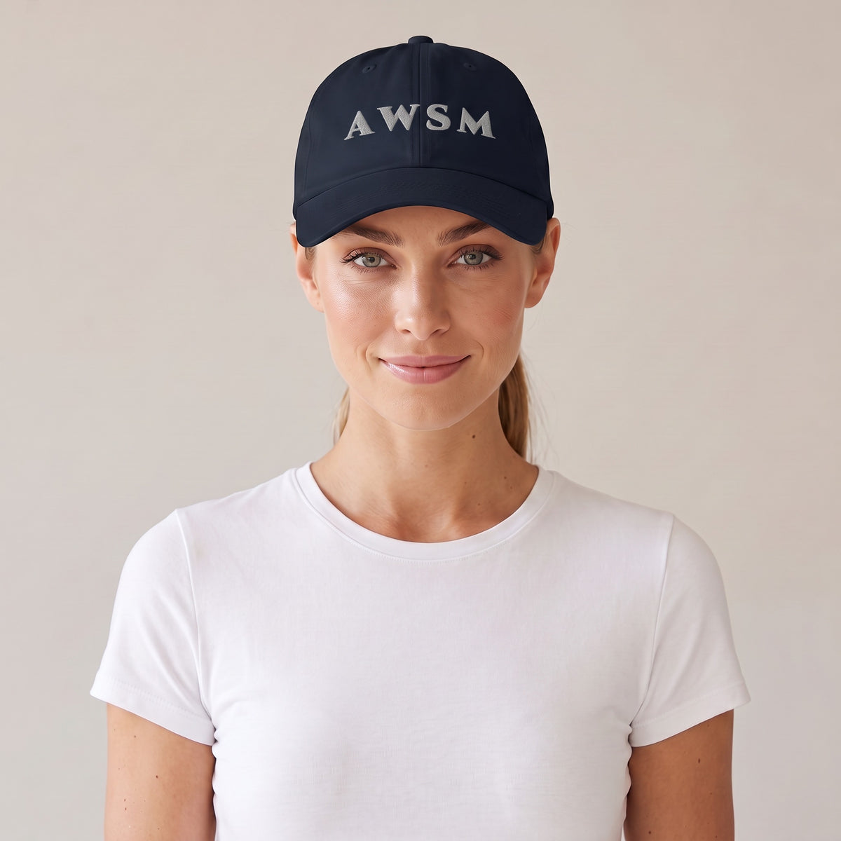 Soirée Dad Hat — AWSM Maison in Midnight Navy, front view on the AWSM house model