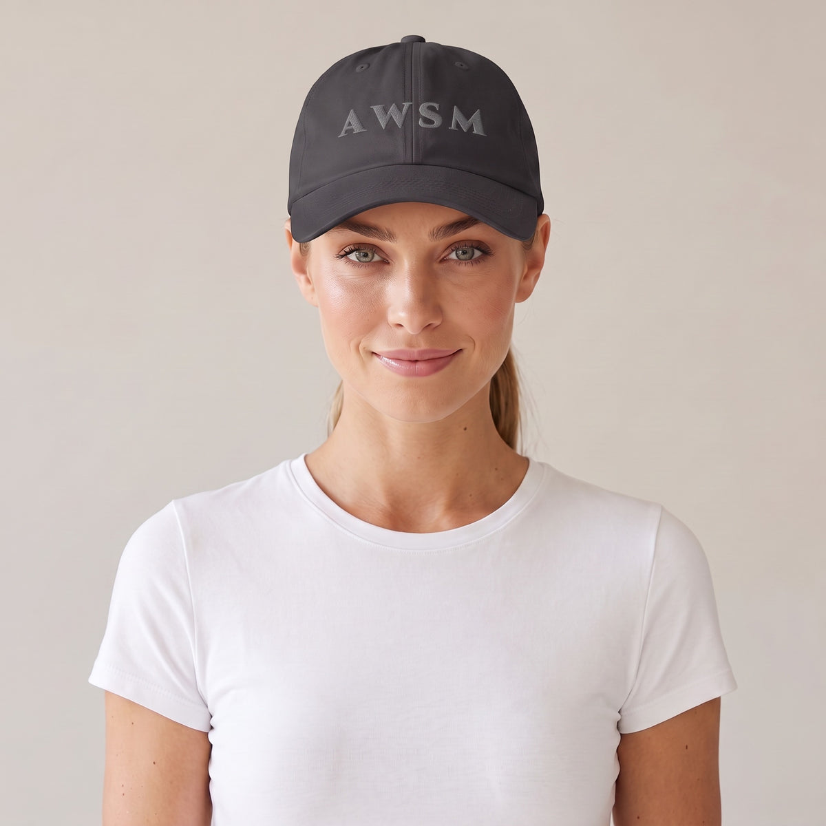 Soirée Dad Hat — AWSM Maison in Slate Grey, front view on the AWSM house model