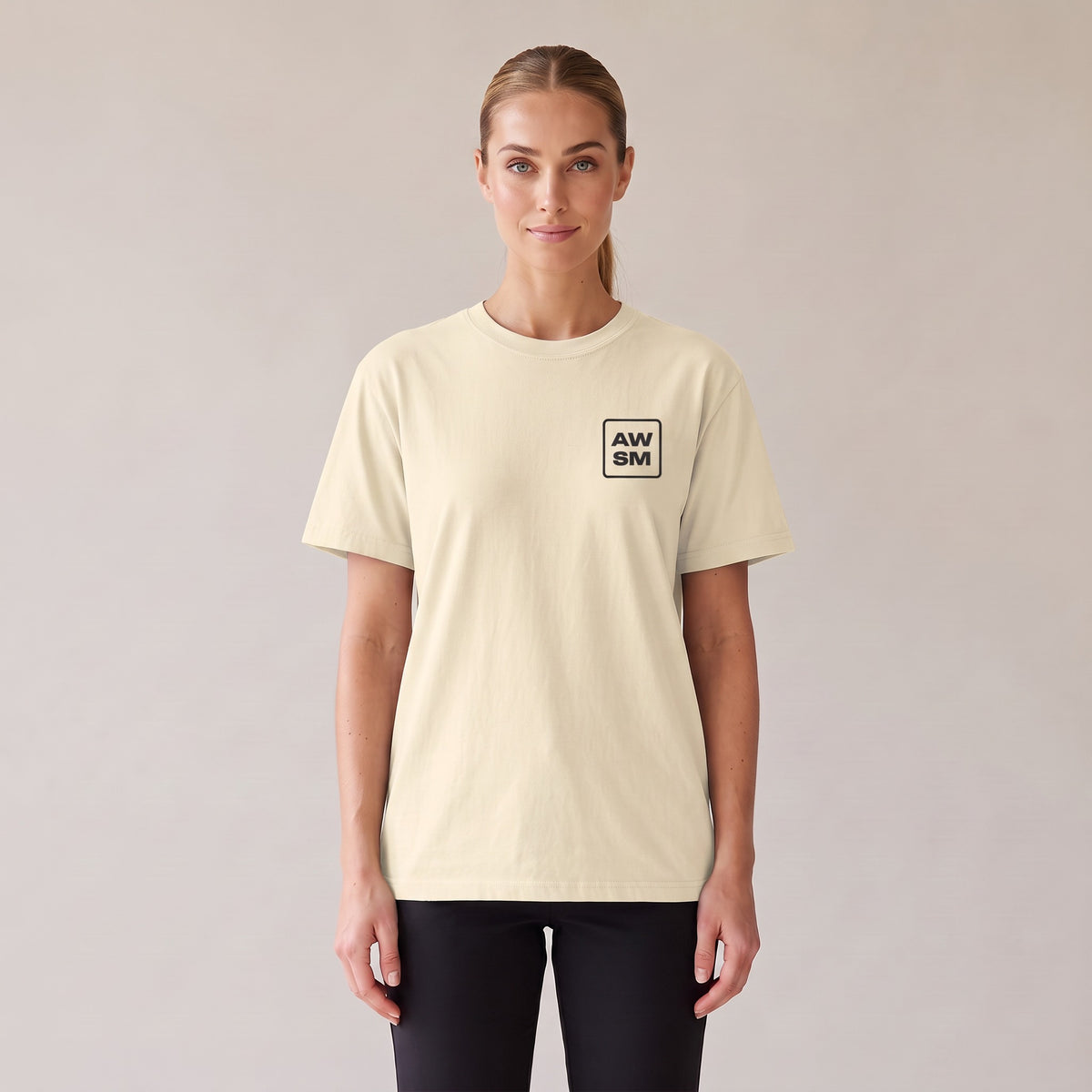 Studio Heavyweight Tee — AWSM Atelier in Antique Ivory, front view on the AWSM house model