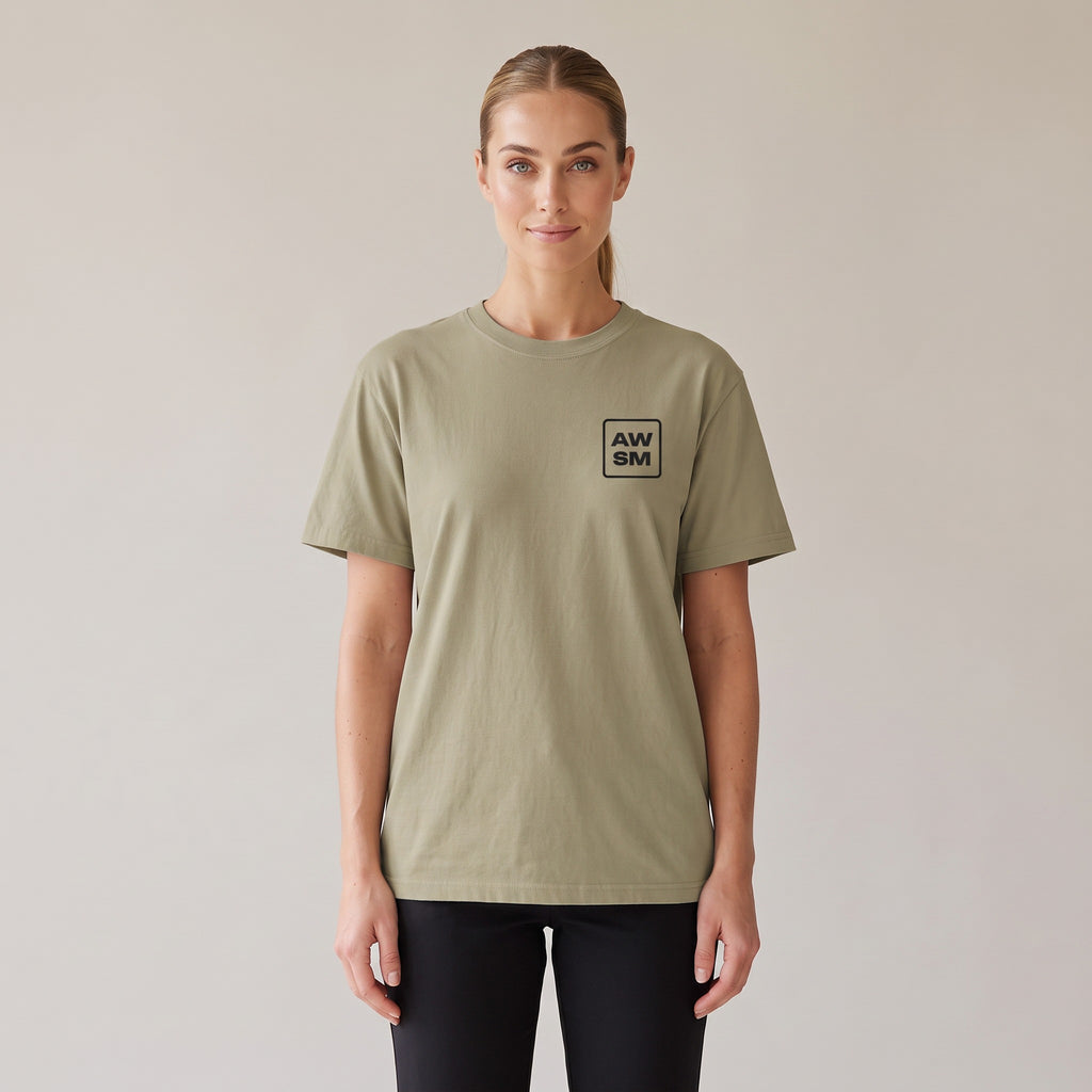 Studio Heavyweight Tee — AWSM Atelier in Sahara Khaki, shown on the AWSM house model