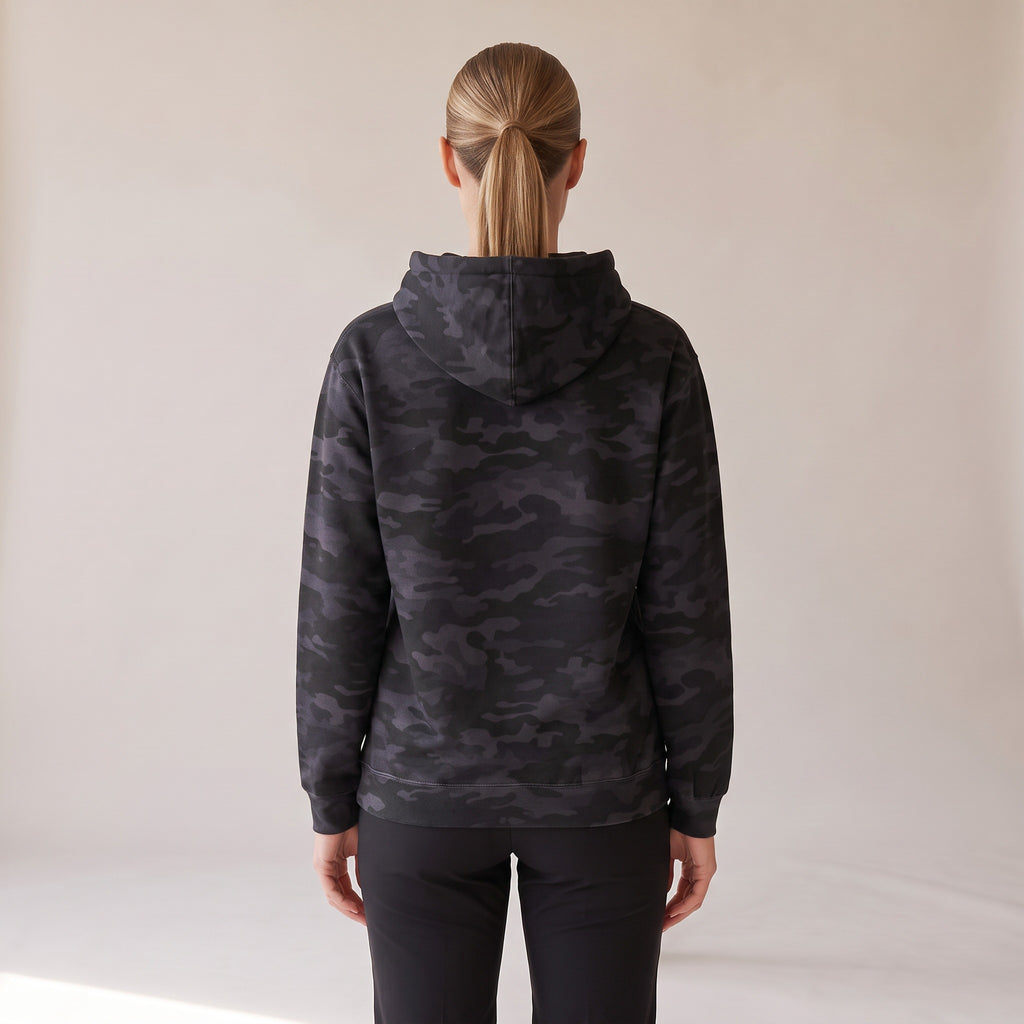 Vanguard Heavyweight Hoodie — AWSM Field in Night Camo, back view on the AWSM house model